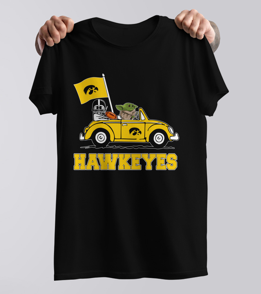 Iowa Hawkeyes Darth Vader Baby Yoda Driving Yellow Car Star Wars T-Shirt