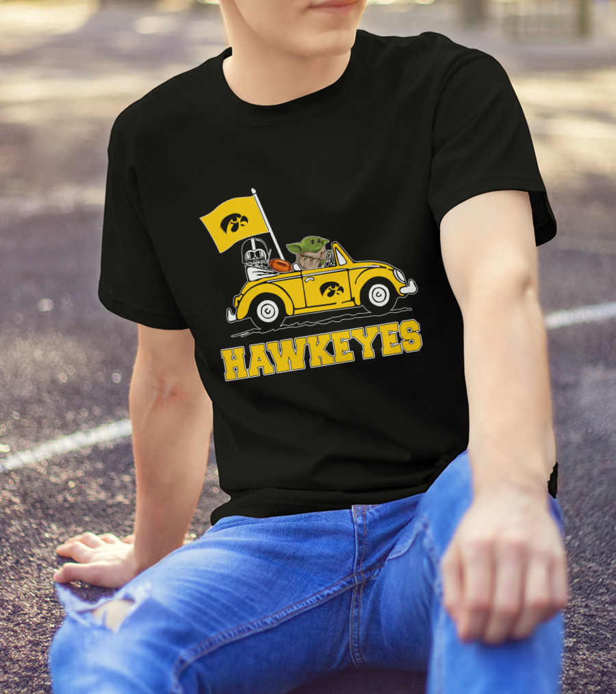 Iowa Hawkeyes Darth Vader Baby Yoda Driving Yellow Car Star Wars T-Shirt