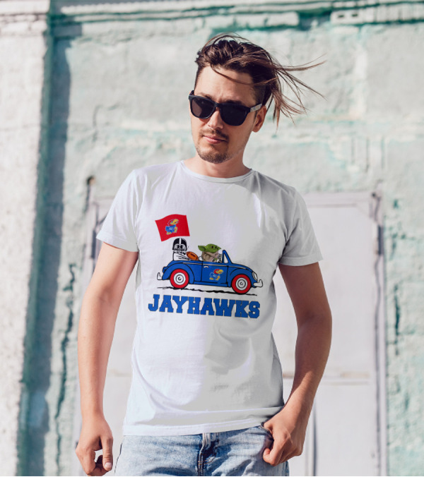 Kansas Jayhawks Darth Vader Baby Yoda Driving With Flag Star Wars Football T-Shirt