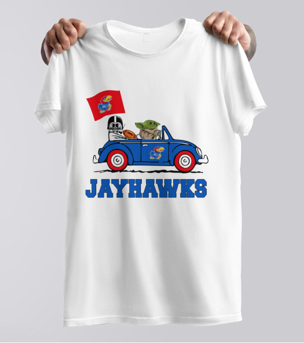 Kansas Jayhawks Darth Vader Baby Yoda Driving With Flag Star Wars Football T-Shirt