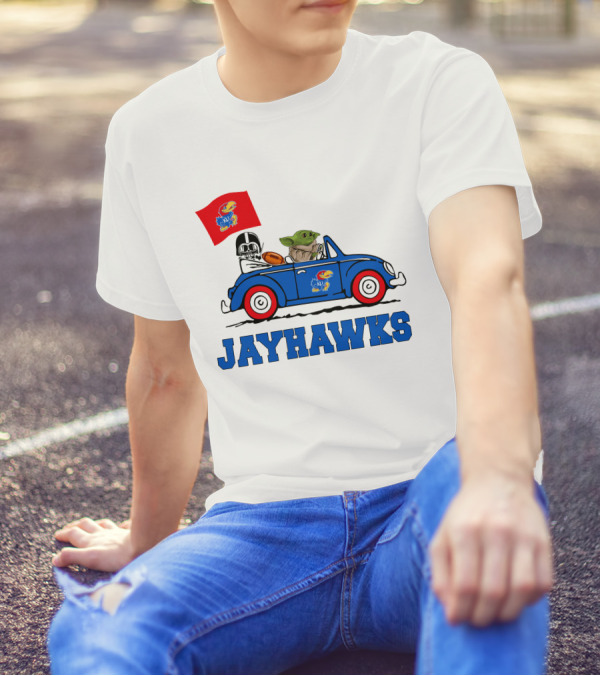 Kansas Jayhawks Darth Vader Baby Yoda Driving With Flag Star Wars Football T-Shirt
