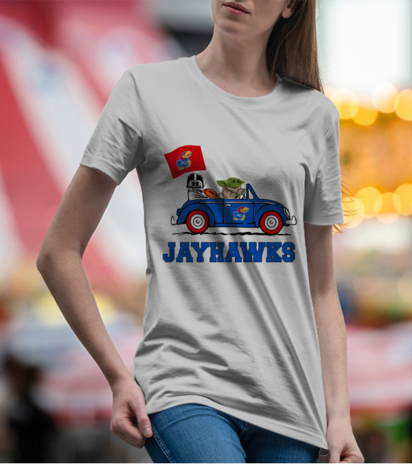 Kansas Jayhawks Darth Vader Baby Yoda Driving With Flag Star Wars Football T-Shirt