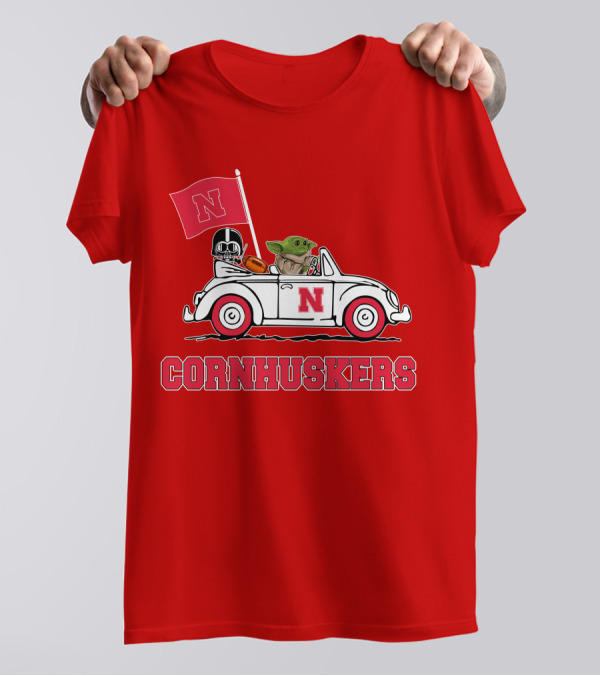 Cornhuskers Darth Vader Baby Yoda Driving Nebraska Car Star Wars T-Shirt