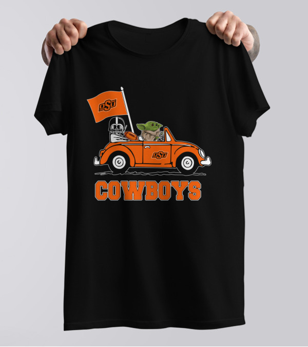 Oklahoma State Cowboys Darth Vader Baby Yoda Driving OsU Flag T-Shirt