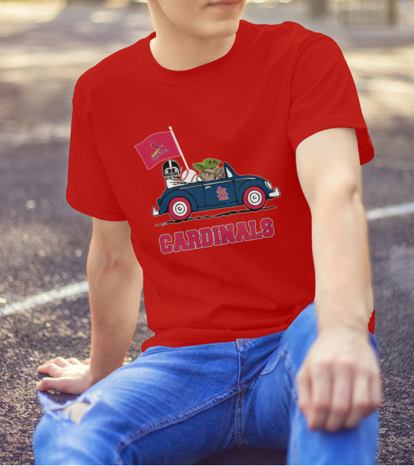 St Louis Cardinals Darth Vader Baby Yoda Driving Car Star Wars Baseball T-Shirt