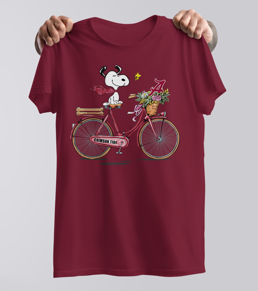 Alabama Crimson Tide Snoopy On Bicycle With Flowers And Woodstock T-Shirt