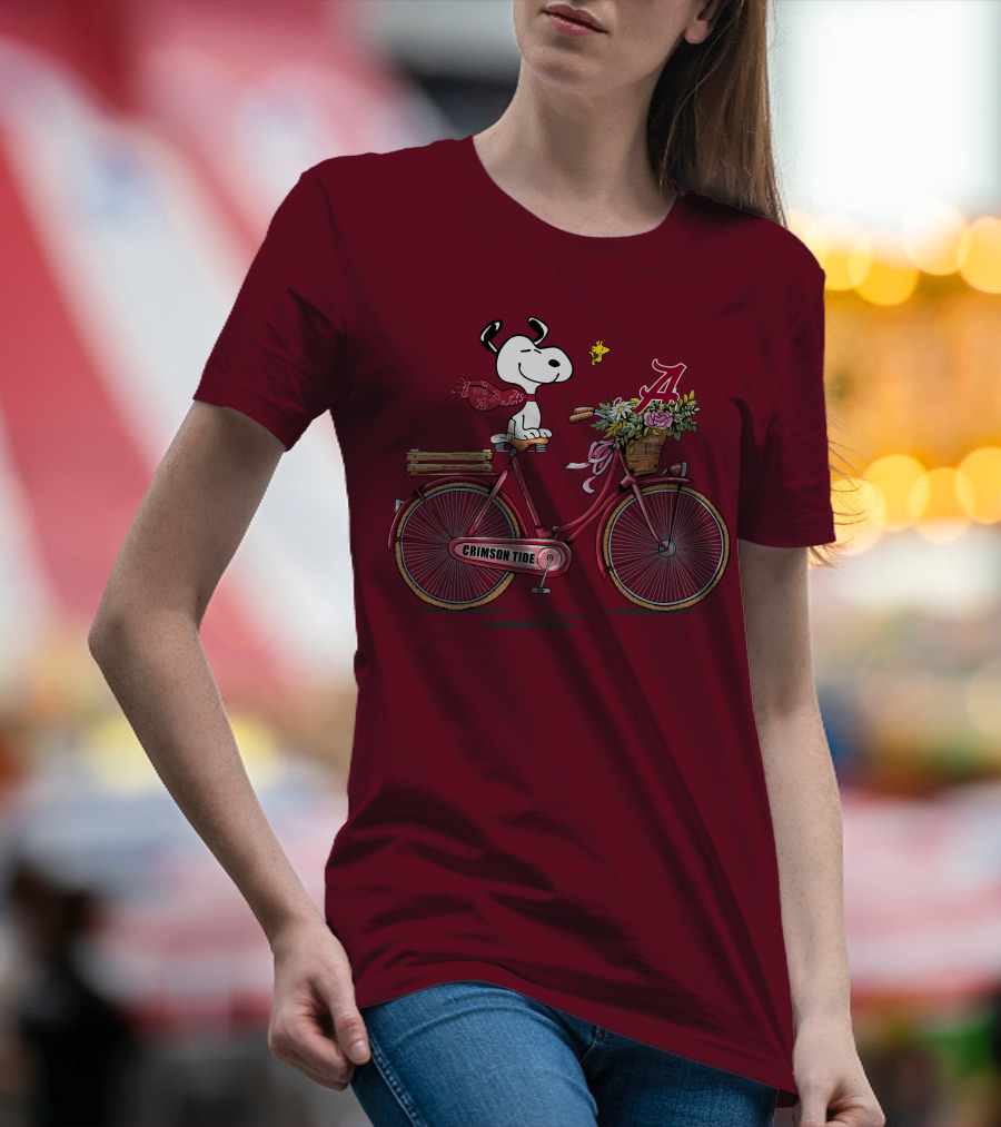 Alabama Crimson Tide Snoopy On Bicycle With Flowers And Woodstock T-Shirt