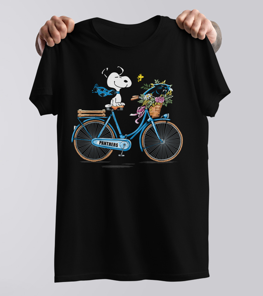 Panthers Snoopy On Bicycle With Flowers And Woodstock T-Shirt