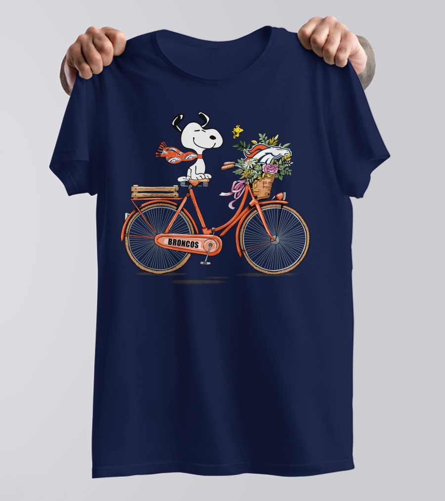 Denver Broncos Snoopy On Bicycle With Woodstock And Helmet T-Shirt