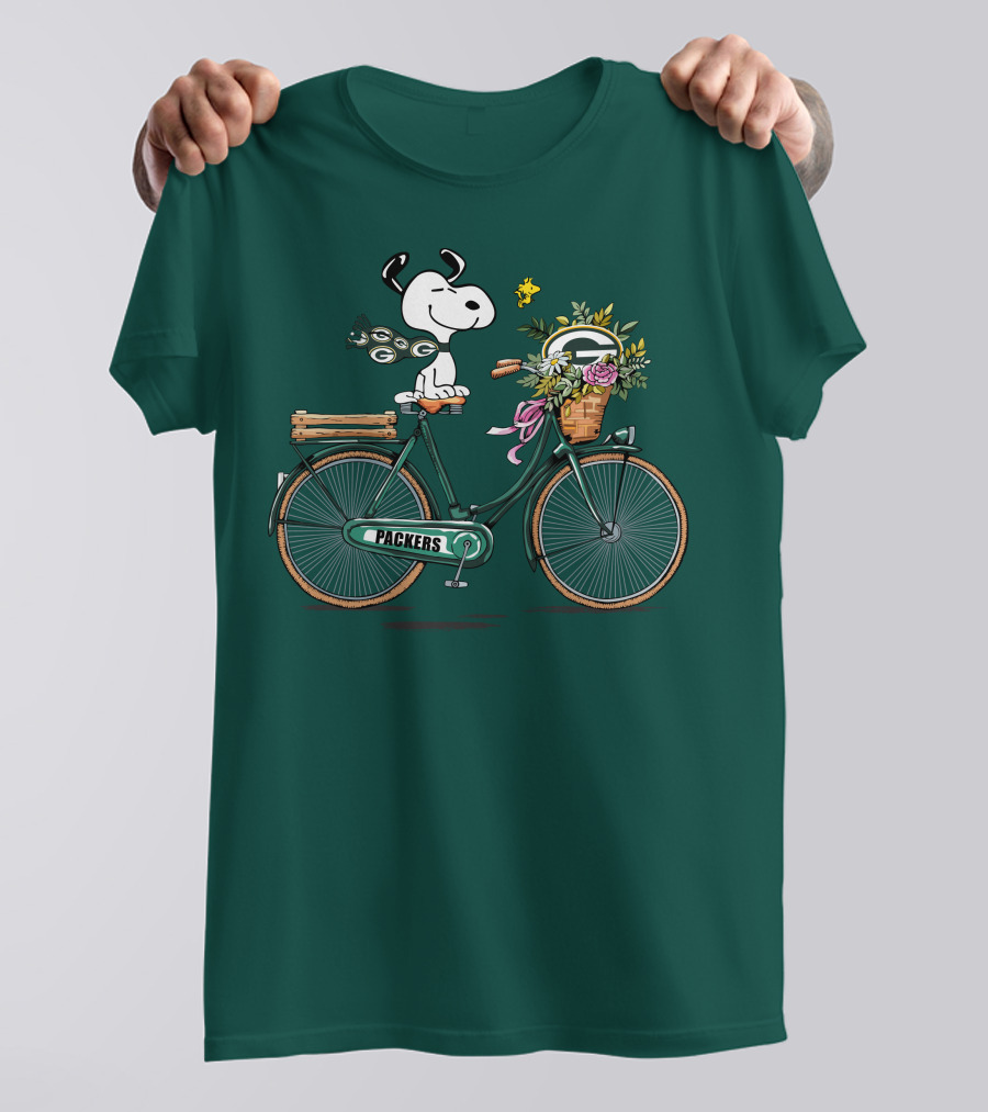 Packers Snoopy On Bicycle With Flowers And Woodstock T-Shirt