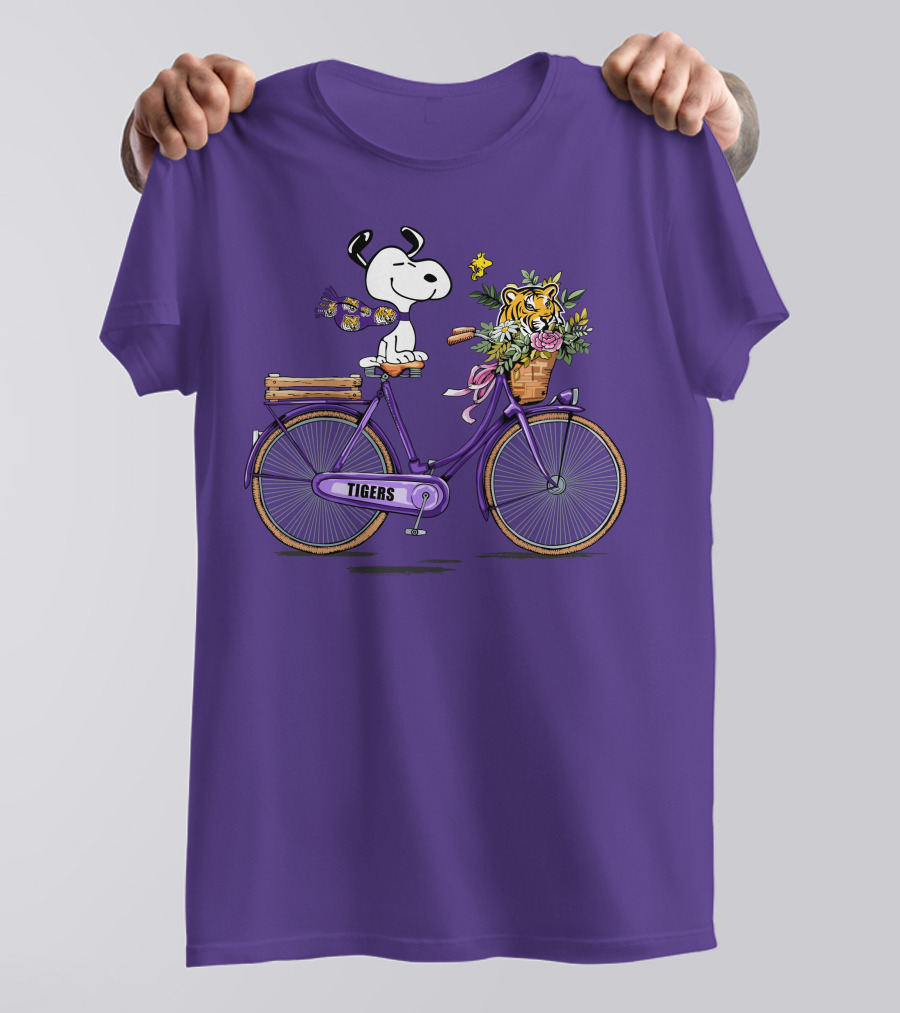 Snoopy Riding Purple Bicycle With LSU Tigers Bouquet T-Shirt