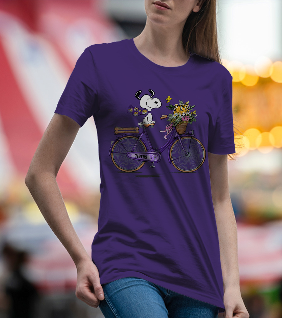 Snoopy Riding Purple Bicycle With LSU Tigers Bouquet T-Shirt
