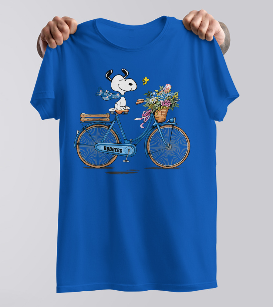 Los Angeles Dodgers Snoopy Riding Bicycle With Woodstock And Flowers T-Shirt