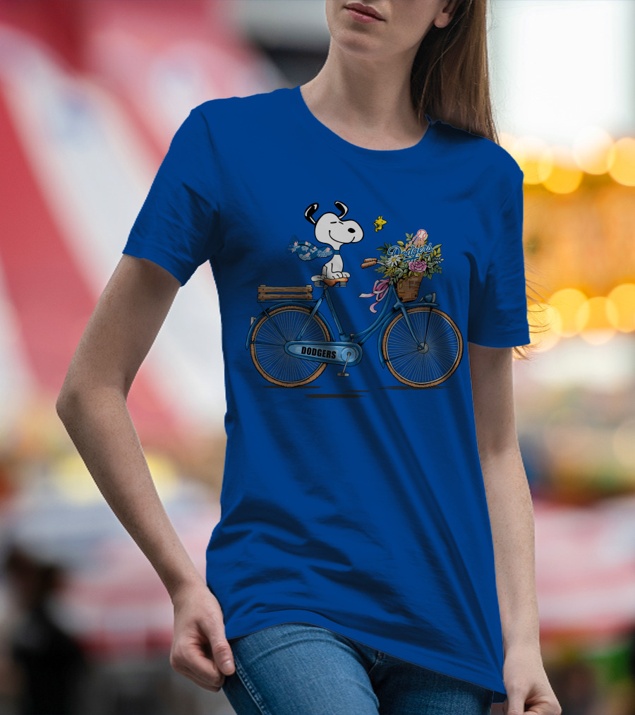 Los Angeles Dodgers Snoopy Riding Bicycle With Woodstock And Flowers T-Shirt