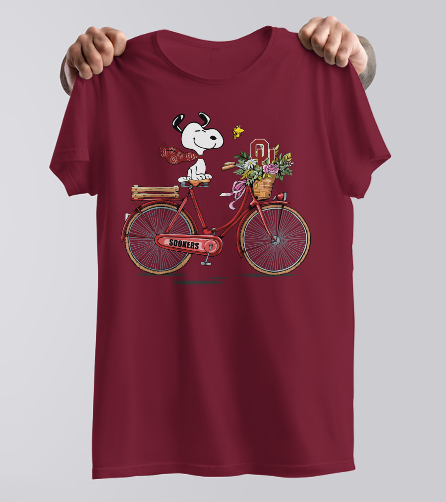 Oklahoma Sooners Snoopy Bicycle Flowers Woodstock T-Shirt