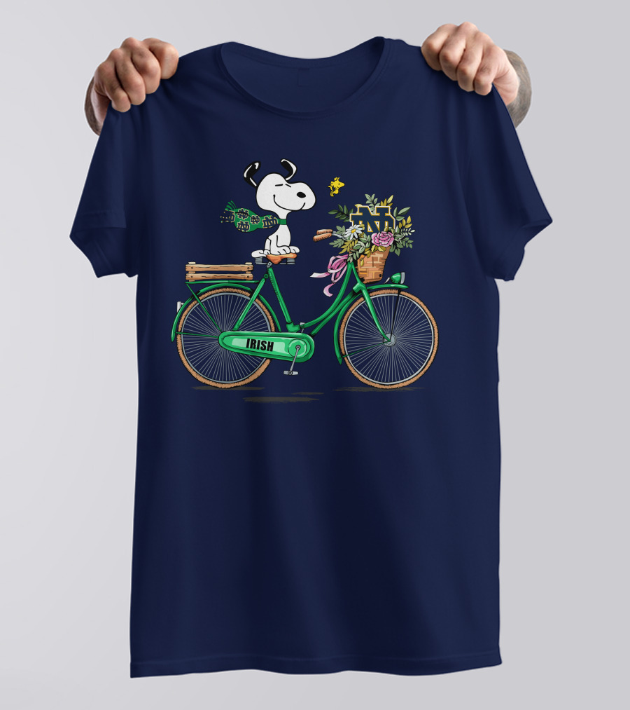 Notre Dame Fighting Irish Snoopy On Bicycle With Flowers And Woodstock T-Shirt