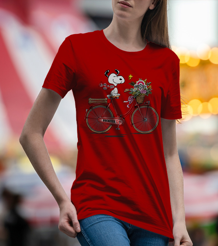 Ohio State Buckeyes Snoopy On Bicycle With Woodstock And Flowers T-Shirt