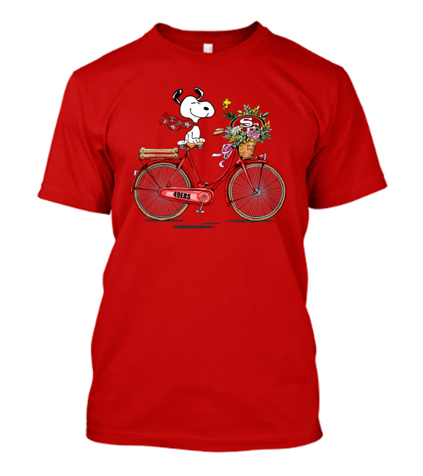 San Francisco 49ers Snoopy Riding Bike With Flowers T-Shirt