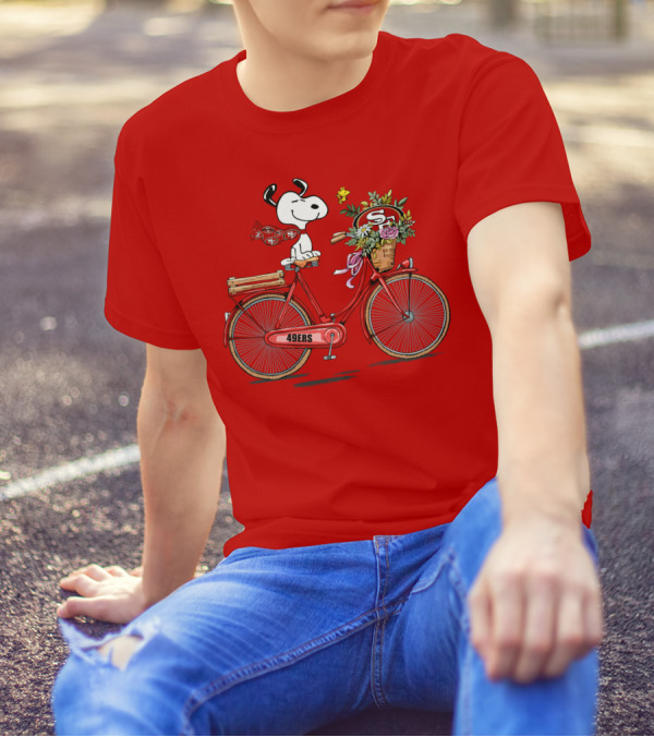 San Francisco 49ers Snoopy Riding Bike With Flowers T-Shirt