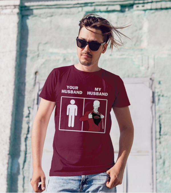 Arkansas Razorbacks Your Husband My Husband Superhero Fan Comparison T-Shirt