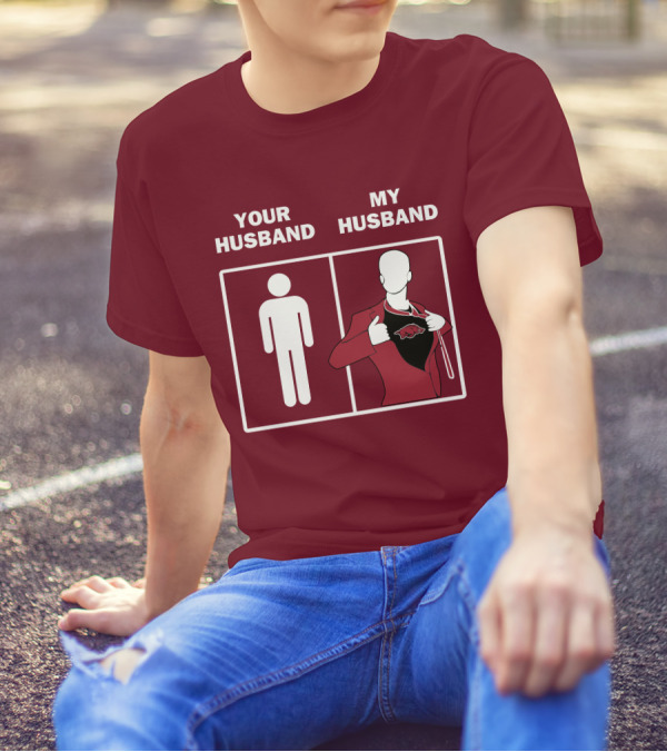Arkansas Razorbacks Your Husband My Husband Superhero Fan Comparison T-Shirt