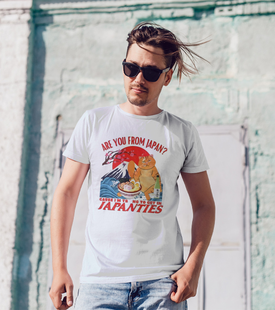 Are You From Japan Funny Cat Japanties Sushi Mt. Fuji Background T-Shirt
