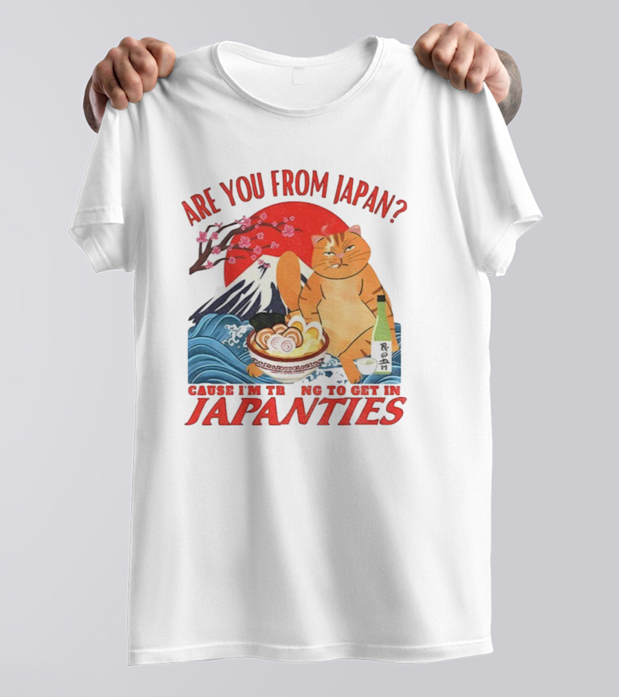 Are You From Japan Funny Cat Japanties Sushi Mt. Fuji Background T-Shirt