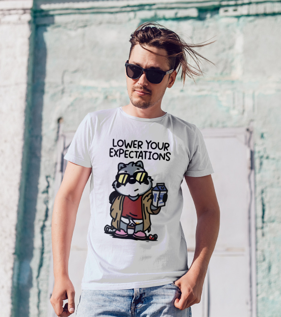 Lower Your Expectations Cartoon Character With Sunglasses And Milk Carton T-Shirt