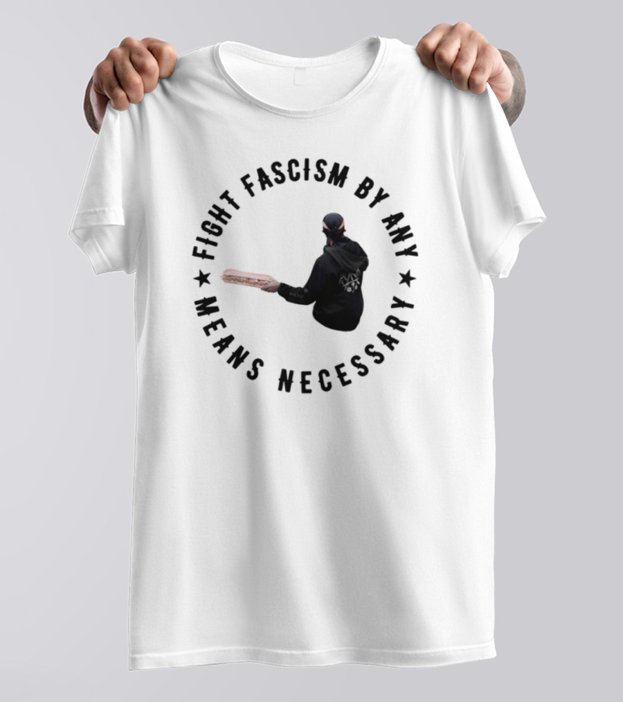 Fight Fascism By Any Means Necessary Red Bat Masked Figure T-Shirt