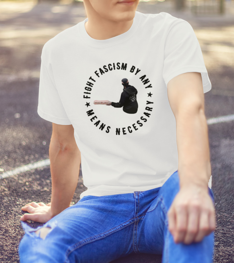 Fight Fascism By Any Means Necessary Red Bat Masked Figure T-Shirt