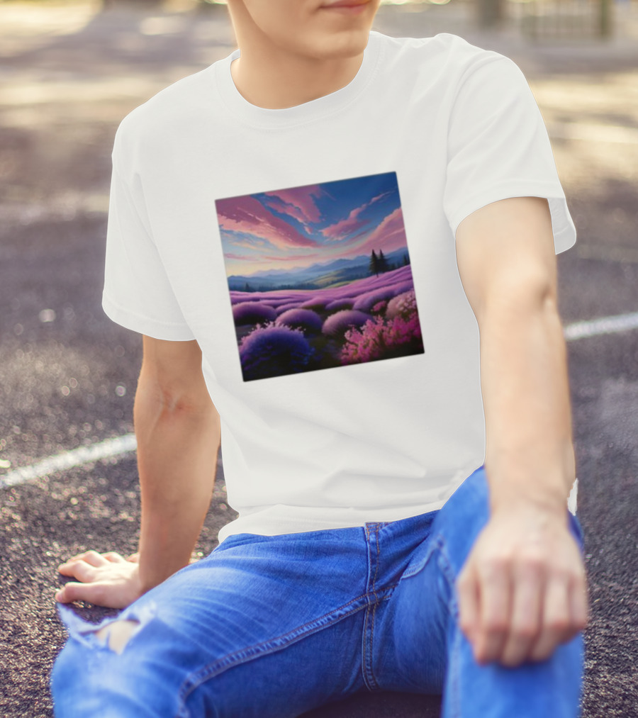 Her Radiant Bloom Lavender Sunset Landscape With Pink And Purple Sky T-Shirt