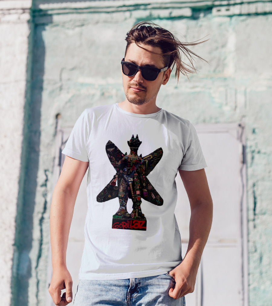 Gorillaz Iconic Pazuzu Figure With Music And Cultural Symbols T-Shirt