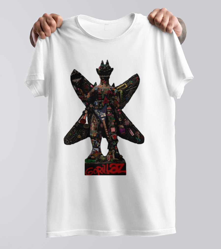 Gorillaz Iconic Pazuzu Figure With Music And Cultural Symbols T-Shirt