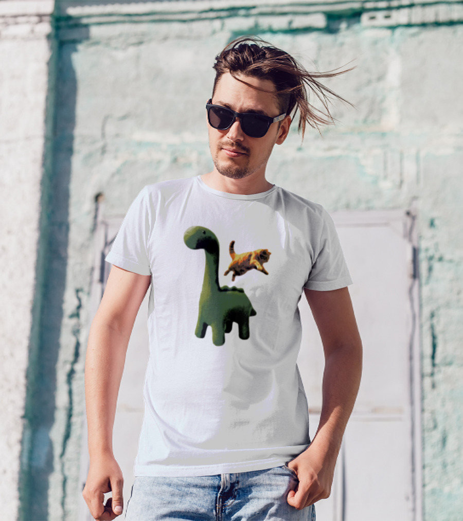 Abram Engle Kurt Dino Green Dinosaur With Leaping Orange Cat T-Shirt