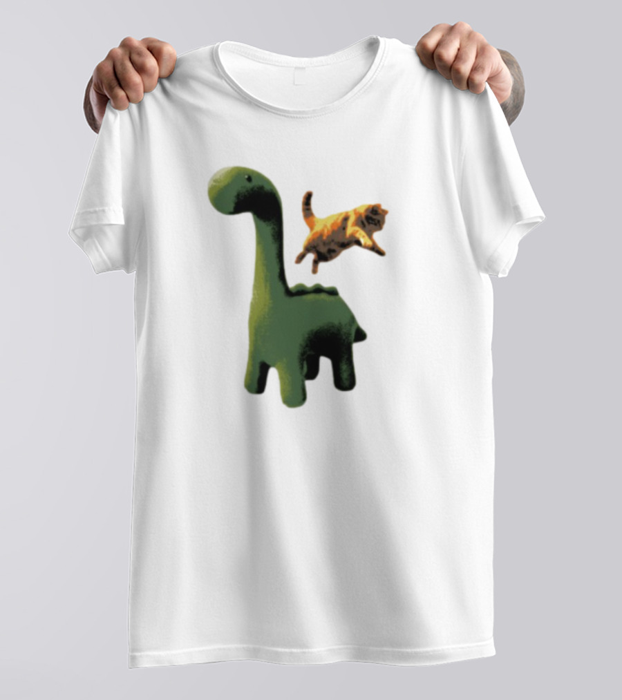 Abram Engle Kurt Dino Green Dinosaur With Leaping Orange Cat T-Shirt