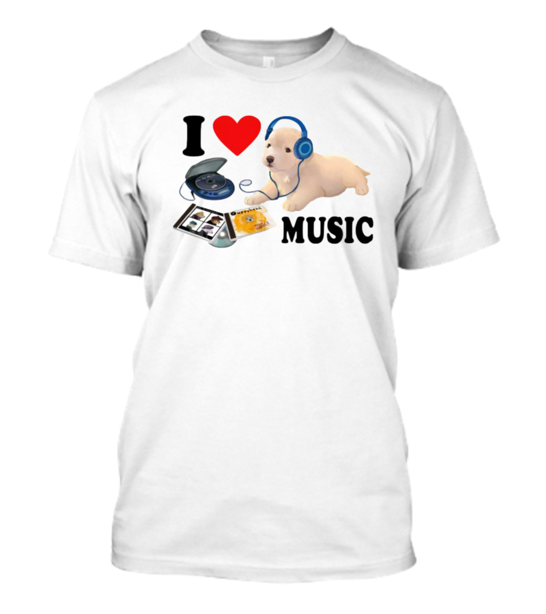 I Love Music Dog Headphones CD Player Album Puppy T-Shirt
