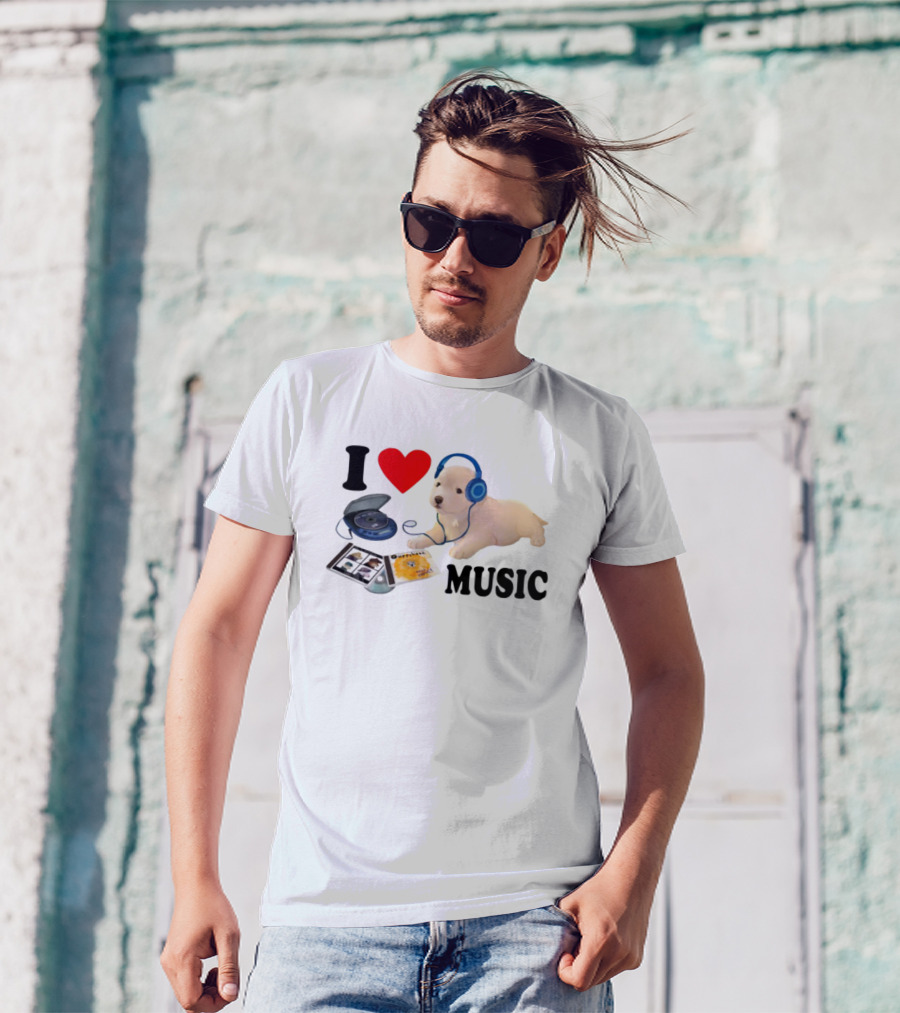 I Love Music Dog Headphones CD Player Album Puppy T-Shirt