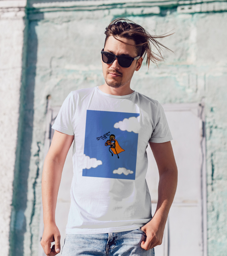 Aaron Wiggins You Saved My Life Superhero Drawing Floating In Clouds T-Shirt