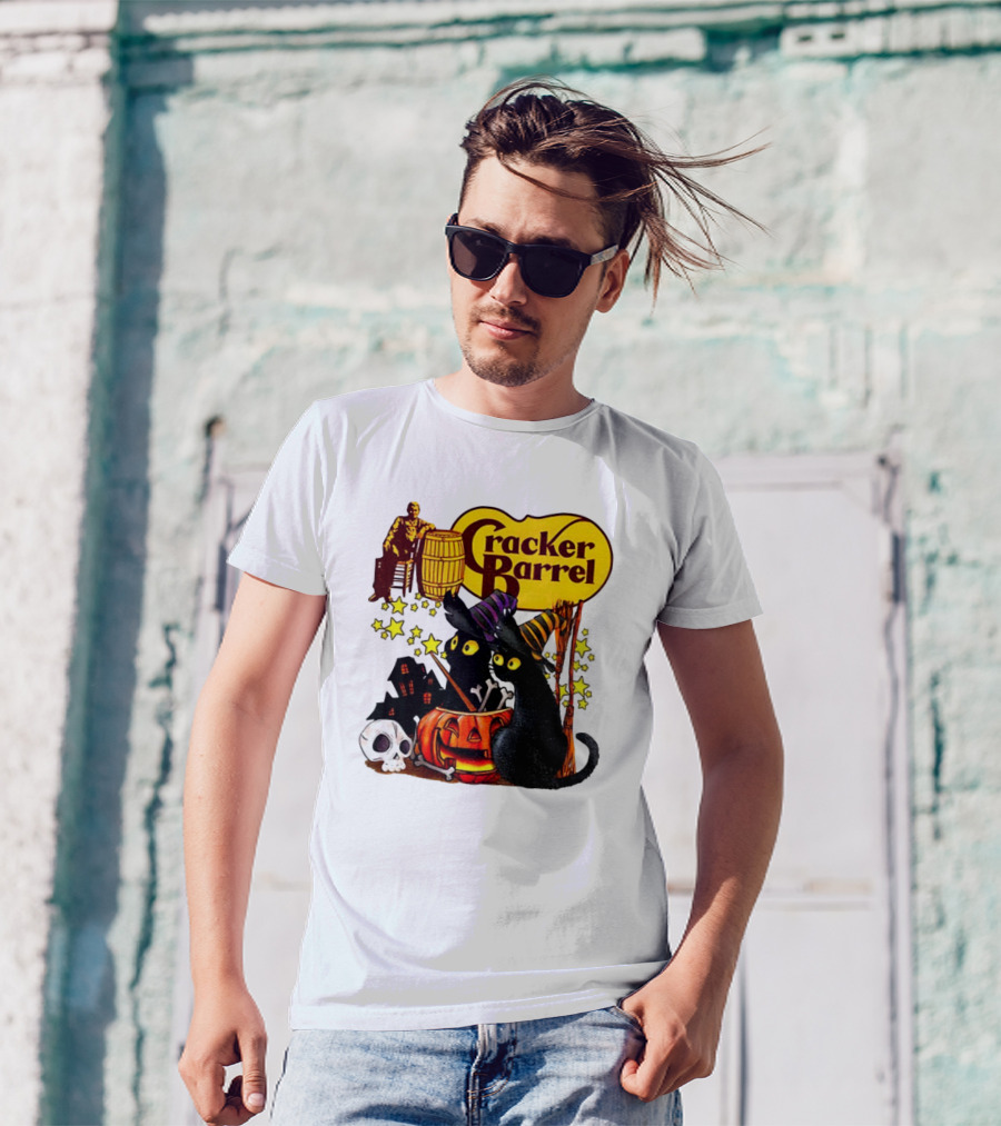 Cracker Barrel Halloween 2025 Black Cat Witches Pumpkin Stars Skulls T-Shirt