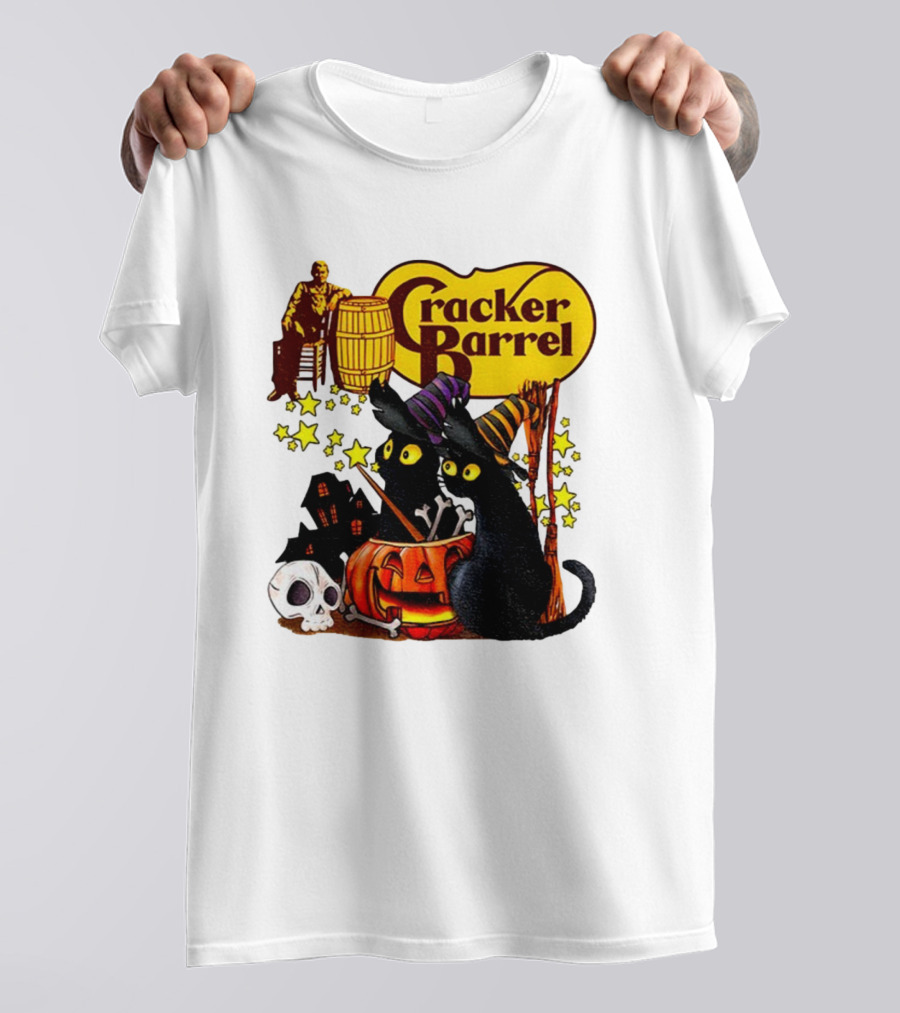 Cracker Barrel Halloween 2025 Black Cat Witches Pumpkin Stars Skulls T-Shirt