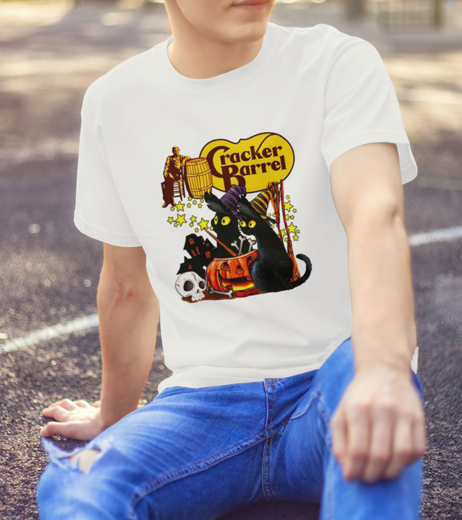 Cracker Barrel Halloween 2025 Black Cat Witches Pumpkin Stars Skulls T-Shirt