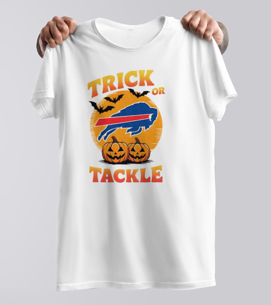 Buffalo Bills Trick Or Tackle Halloween Pumpkins And Bats T-Shirt