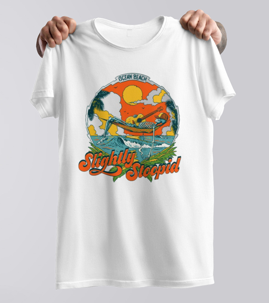 Slightly Stoopid Ocean Beach Skeleton Hammock Sun Guitar T-Shirt