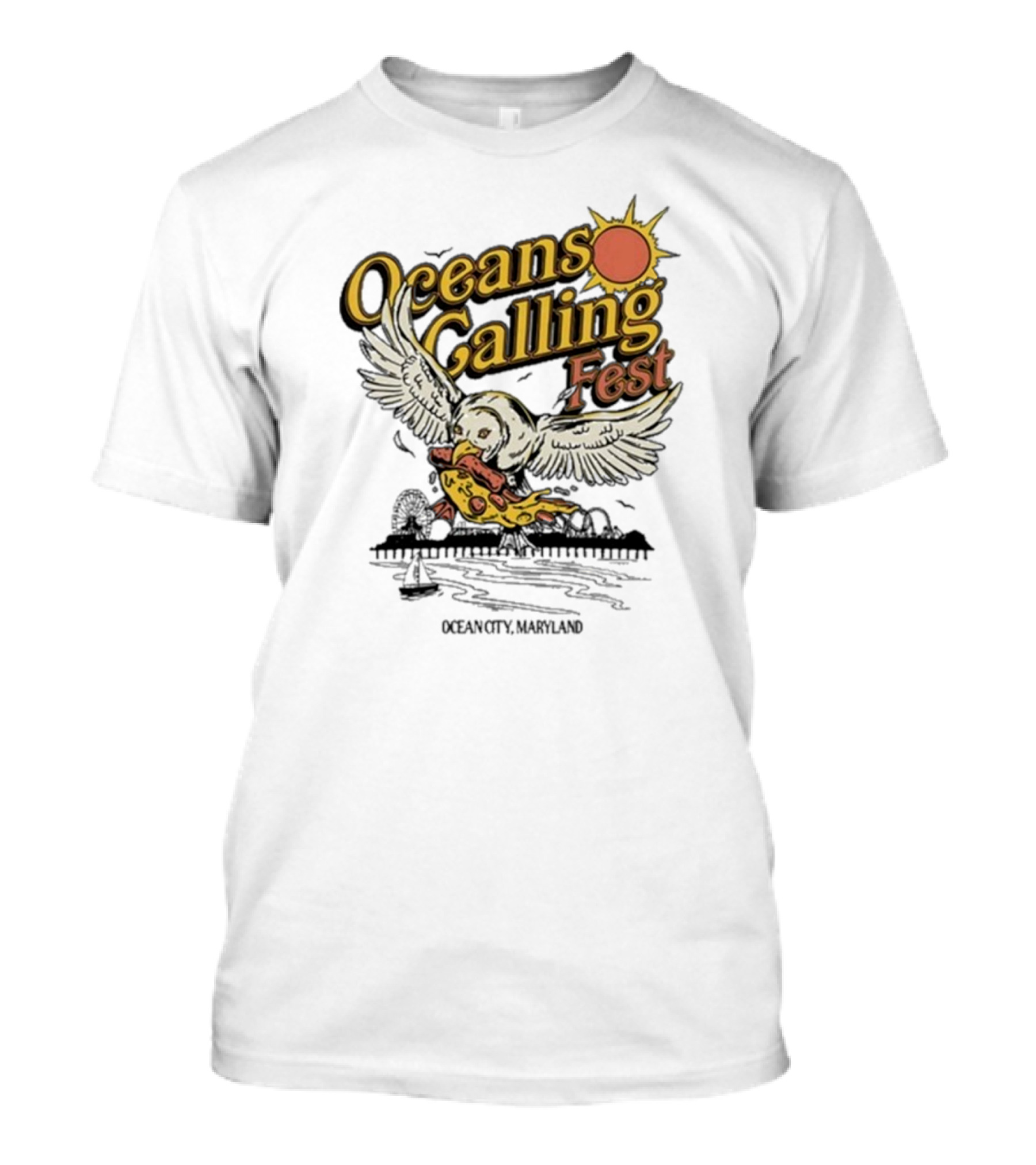 Oceans Calling Fest Seagull With Pizza Graphic T-Shirt