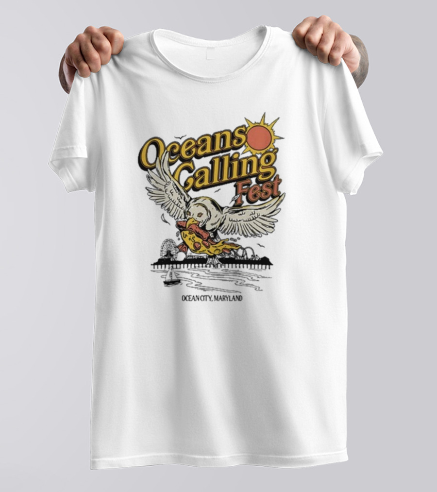 Oceans Calling Fest Seagull With Pizza Graphic T-Shirt