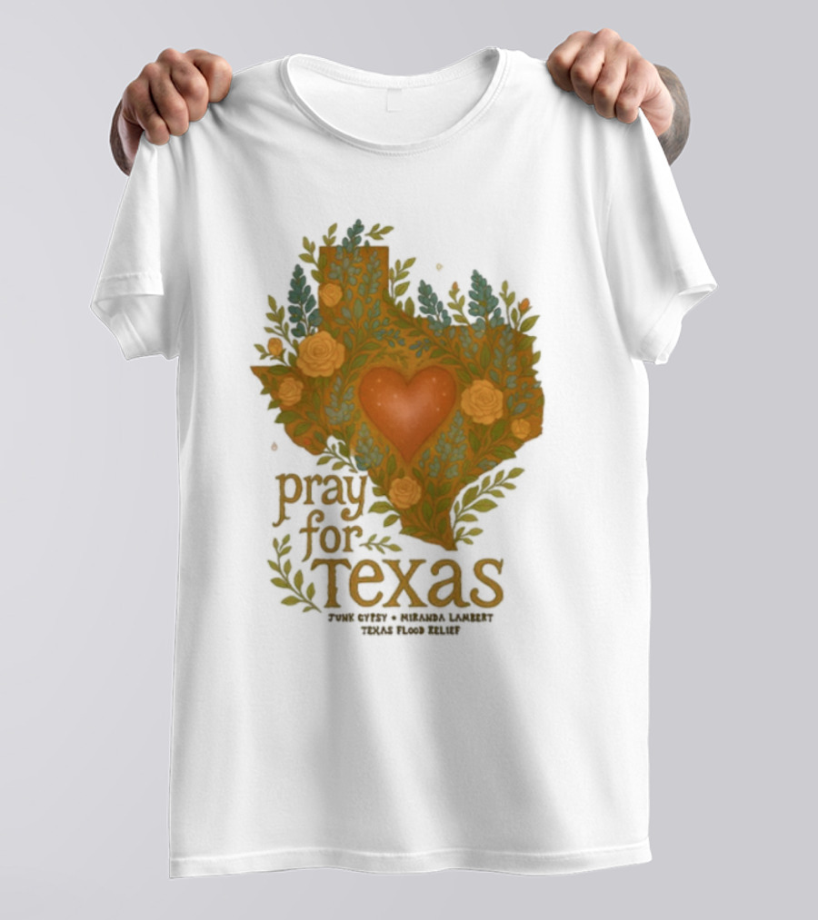 Pray For Texas Flood Relief Heart And Floral Pattern T-Shirt