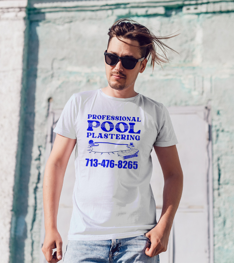 PROFESSIONAL POOL PLASTERING 713-476-8265 POOL OUTLINE COCKTAIL AND PALM TREE ICONS T-Shirt