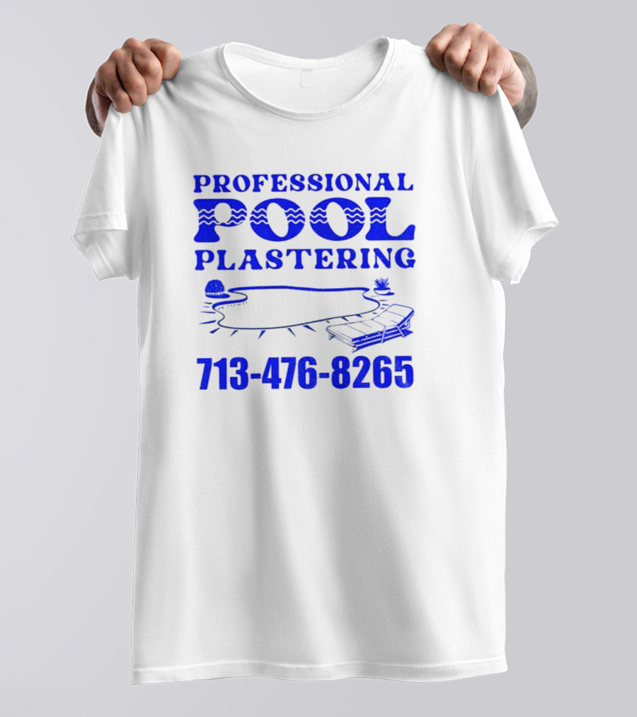 PROFESSIONAL POOL PLASTERING 713-476-8265 POOL OUTLINE COCKTAIL AND PALM TREE ICONS T-Shirt