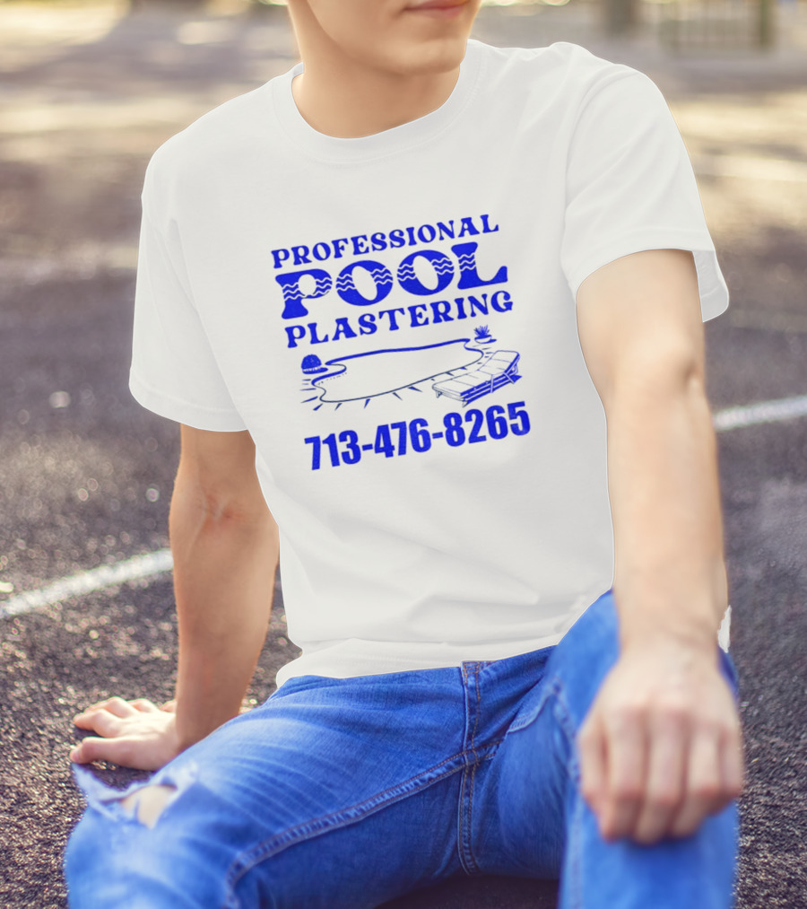 PROFESSIONAL POOL PLASTERING 713-476-8265 POOL OUTLINE COCKTAIL AND PALM TREE ICONS T-Shirt