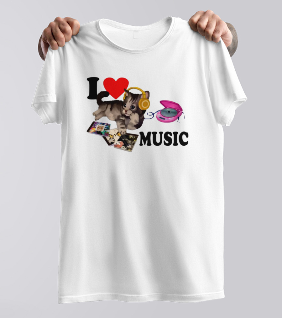 I Love Music Cat Headphones Portable CD Player Cute Cat Photos T-Shirt